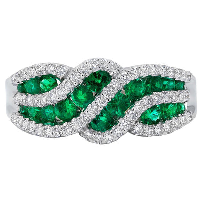 Emeralds and Diamonds Wave Band Ring 18K White Gold