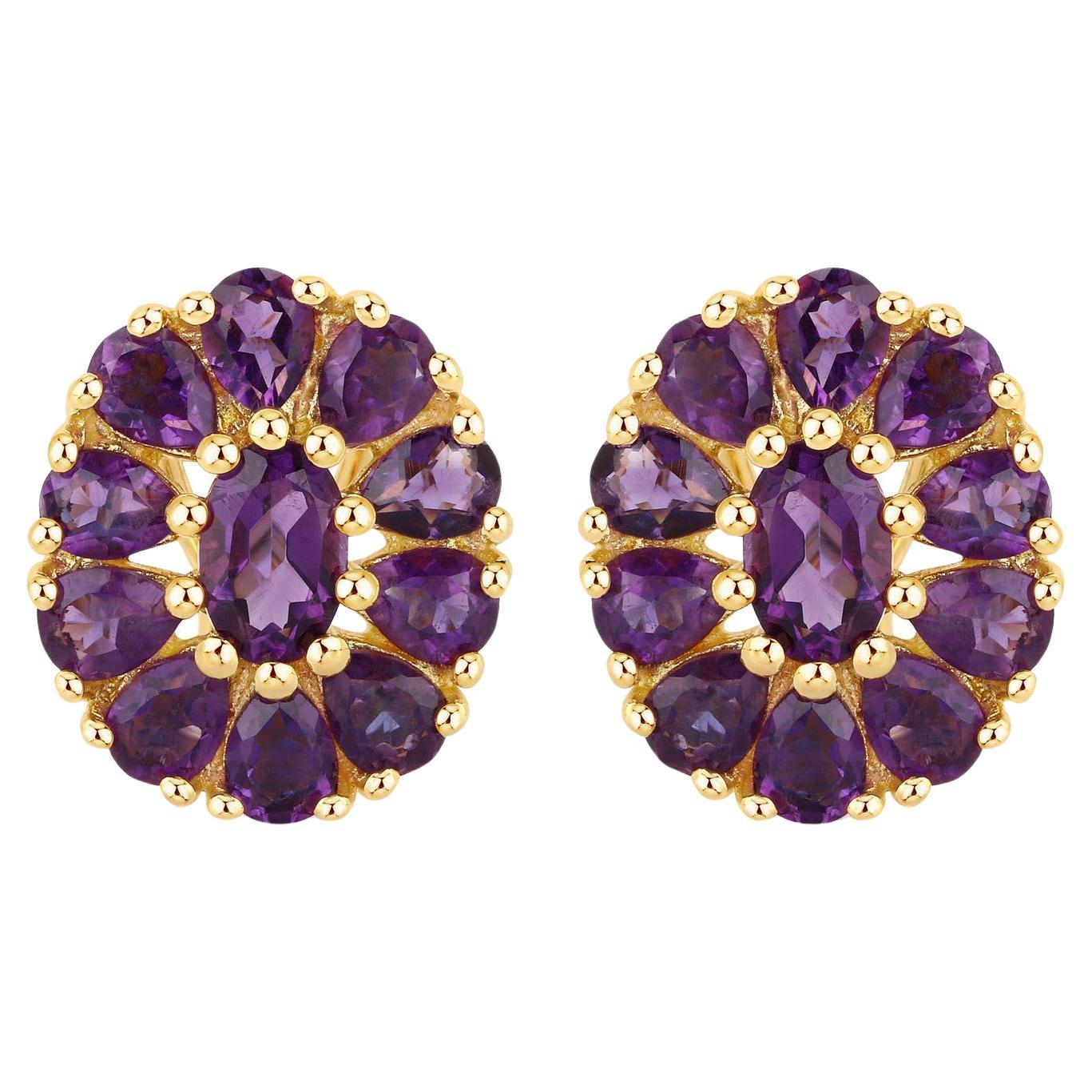 Floral Earrings Amethyst 3.82 Carats 18K Yellow Gold Plated Silver