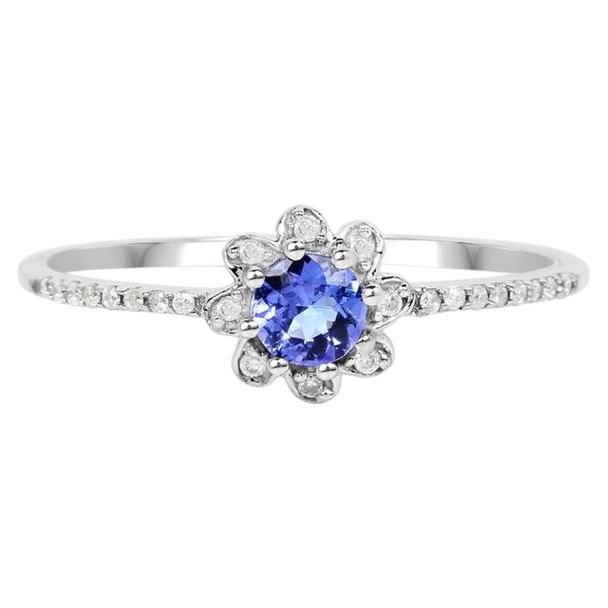 Tanzanite Flower Ring With Diamonds 0.28 Carats 14K White Gold