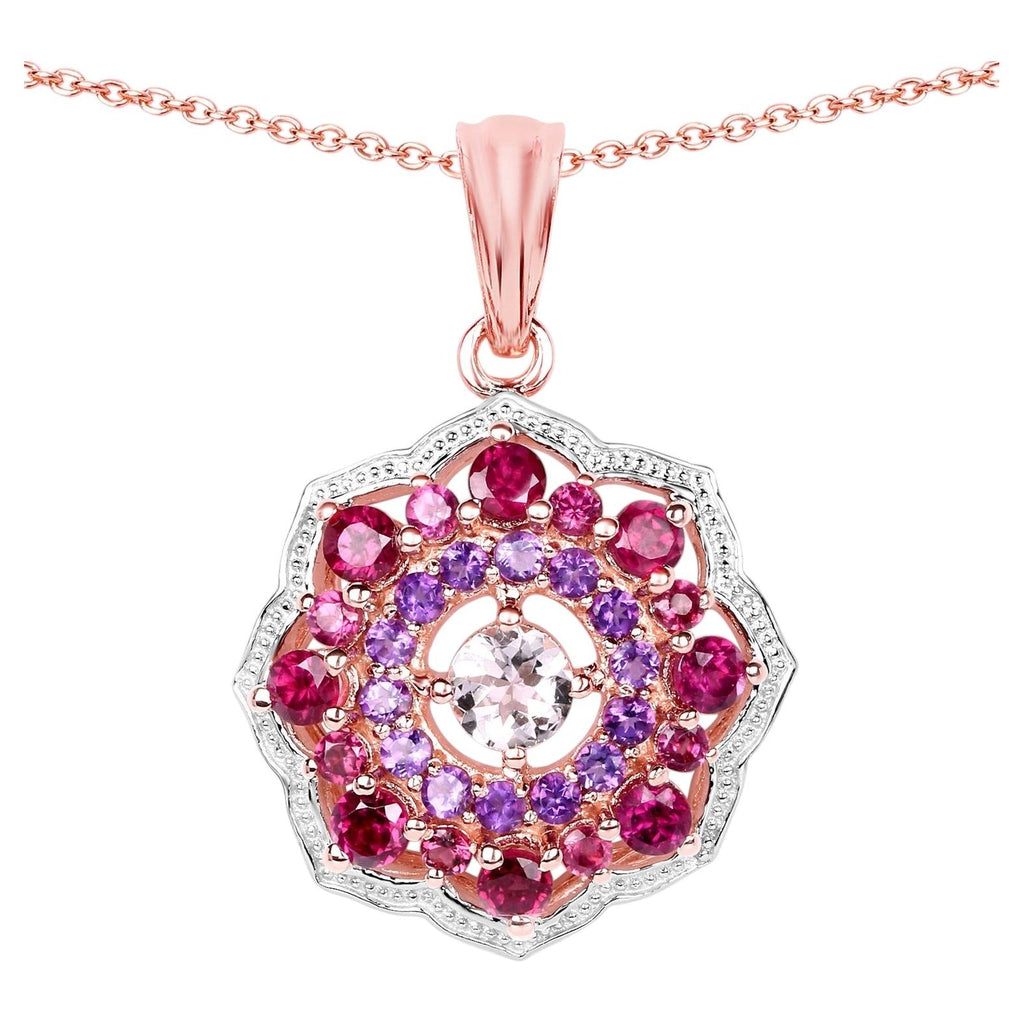 Morganite Pendant With Rhodolite Garnet 2.24 Carats Gold Plated Silver