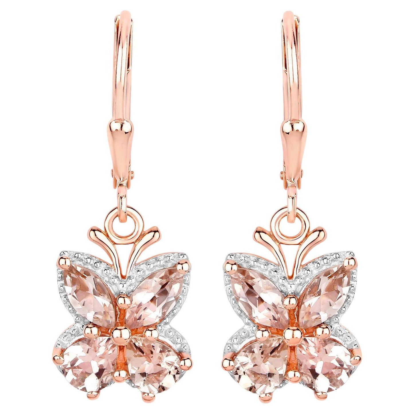 Morganite Dangle Earrings 1.86 Carats 18K Rose Gold Plated Silver