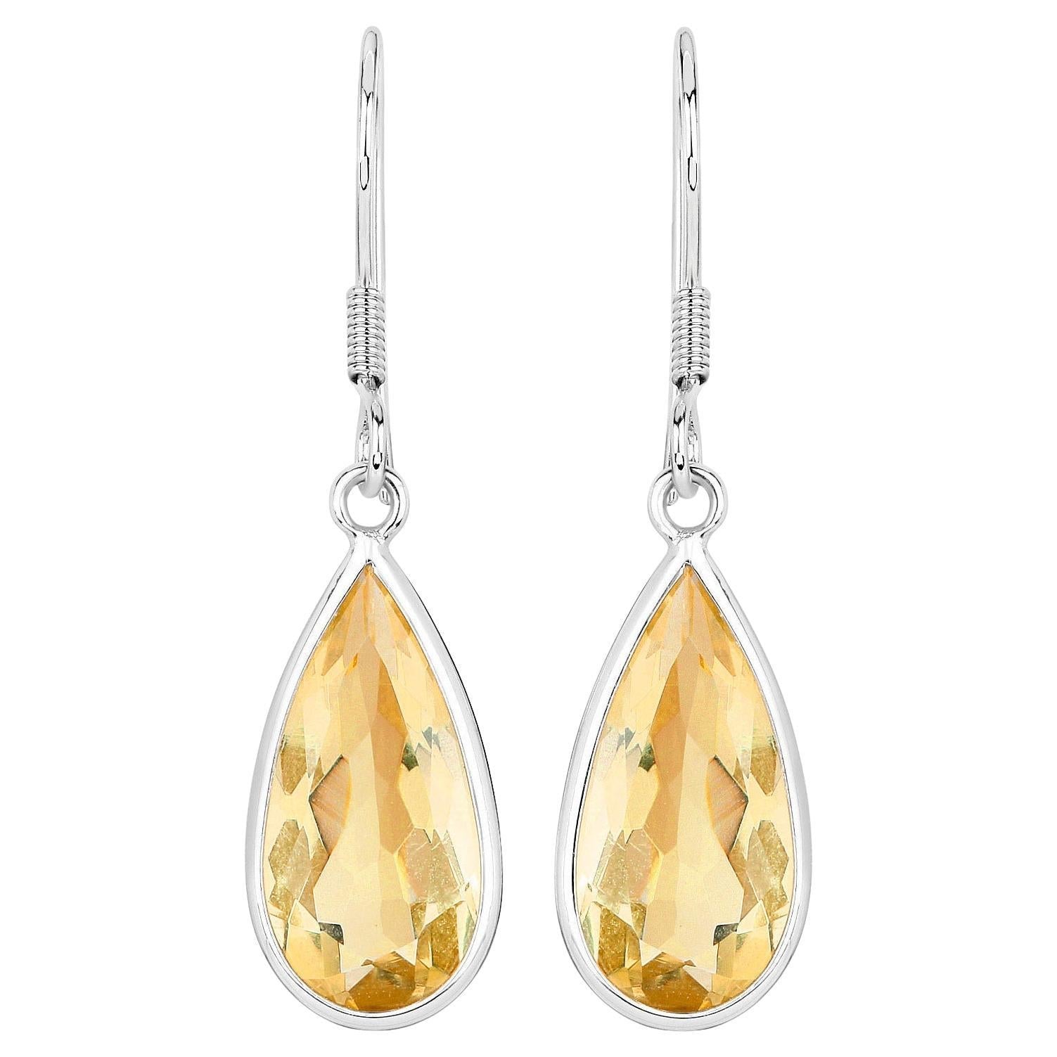 Teardrop Citrine Dangle Earrings 10 Carats 18K White Gold Plated Silver