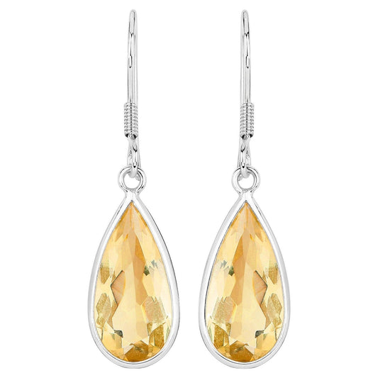 Teardrop Citrine Dangle Earrings 10 Carats 18K White Gold Plated Silver