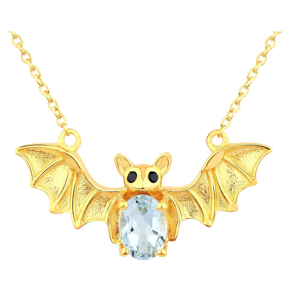 Blue Topaz Bat Necklace With Black Spinel 0.96 Carats Gold Plated Silver