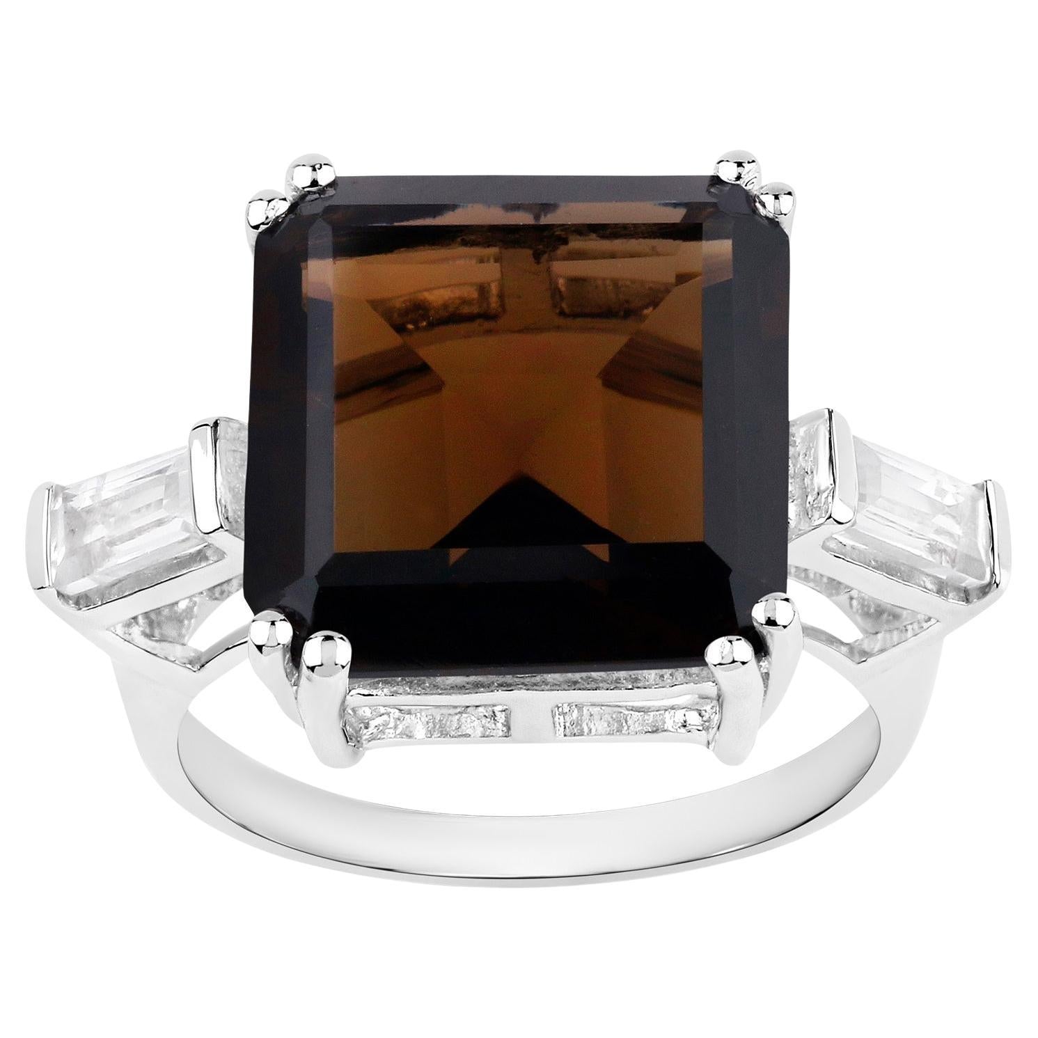 Smoky Quartz Ring White Topaz 8.78 Carats Sterling Silver