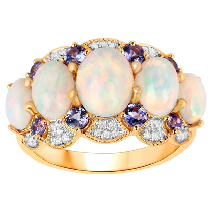 Natural Ethiopian Opal Ring Tanzanite and Diamond Setting 14K Yellow Gold
