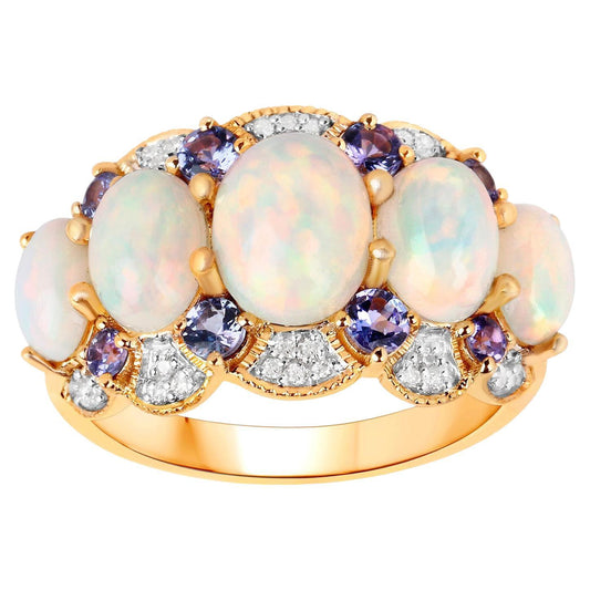 Natural Ethiopian Opal Ring Tanzanite and Diamond Setting 14K Yellow Gold