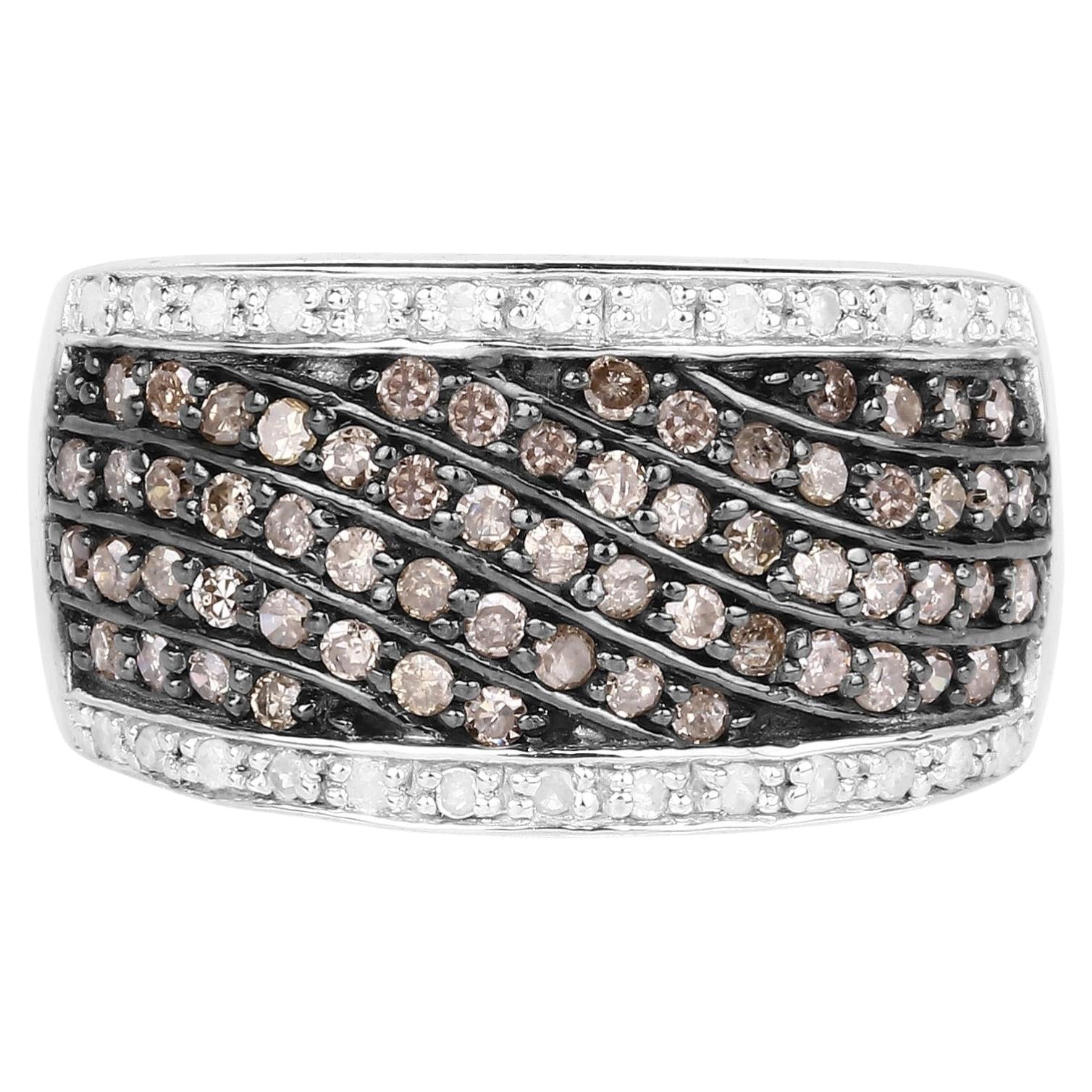 Champagne Diamond Wave Ring With White Diamonds 0.78 Carats Sterling Silver