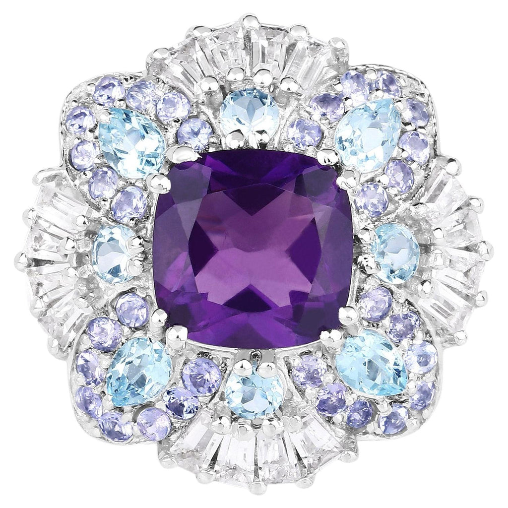 Amethyst Ring With Multicolor Topaz and Tanzanite 8.28 Carats Sterling Silver