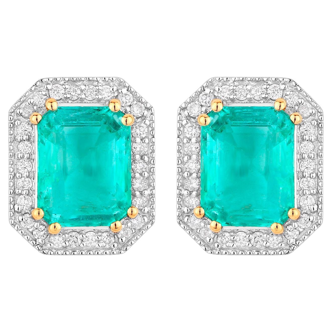 Ethiopian Emerald Stud Earrings Diamond Halo 2.9 Carats 14K Yellow Gold