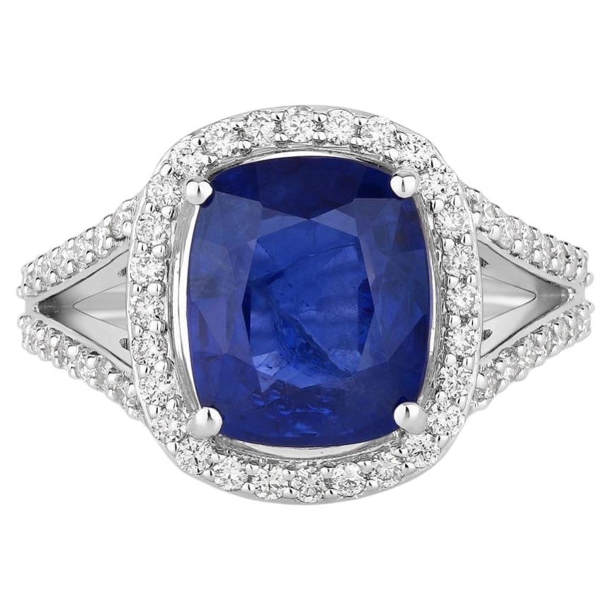 Blue Sapphire Ring With Diamonds 4.54 Carats 18K White Gold