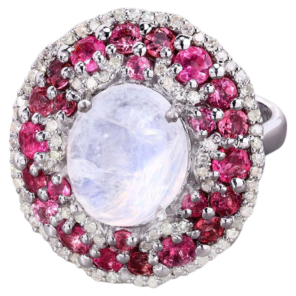 Moonstone Ring With Pink Tourmaline 7.72 Carats Sterling Silver