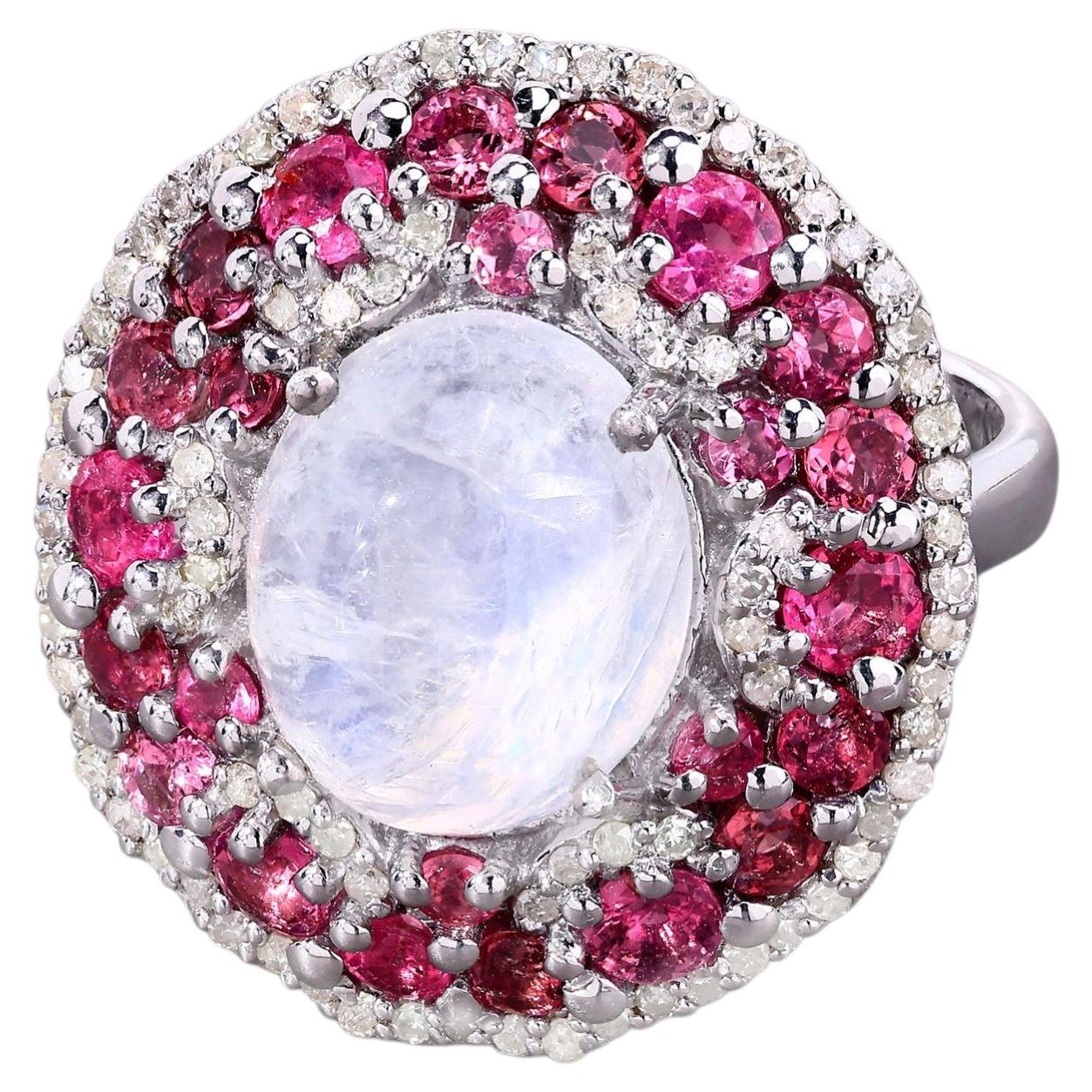 Moonstone Ring With Pink Tourmaline 7.72 Carats Sterling Silver
