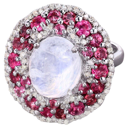Moonstone Ring With Pink Tourmaline 7.72 Carats Sterling Silver