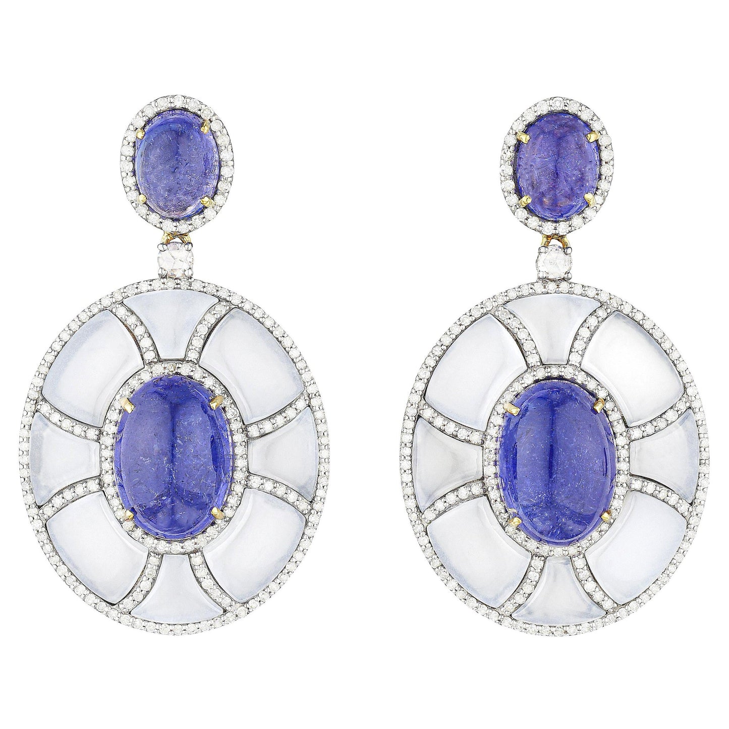 Tanzanite Earrings Set With Diamonds and Chalcedony 41 Carats Total