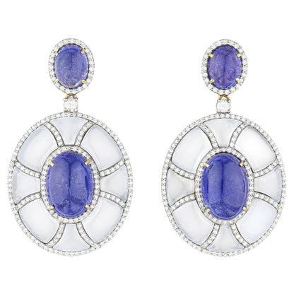 Tanzanite Earrings Set With Diamonds and Chalcedony 41 Carats Total