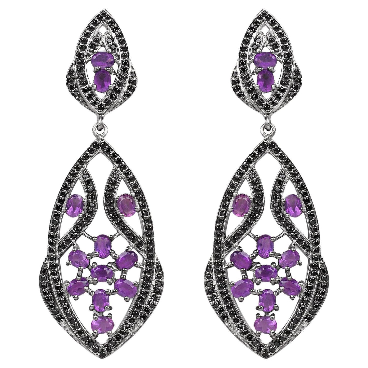 Amethyst Dangle Earrings With Black Spinels 5.74 Carats