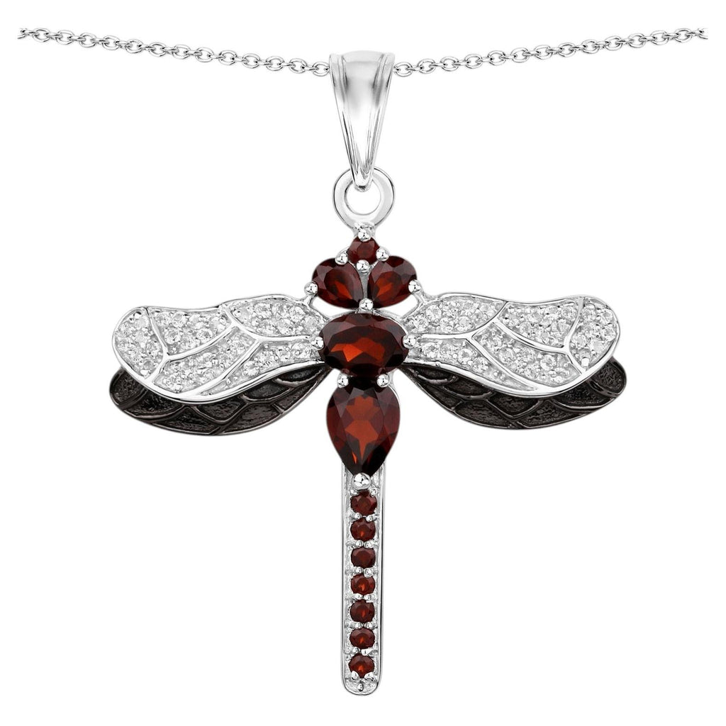 Garnet Dragonfly Pendant With White Topaz 2.2 Carats Sterling Silver