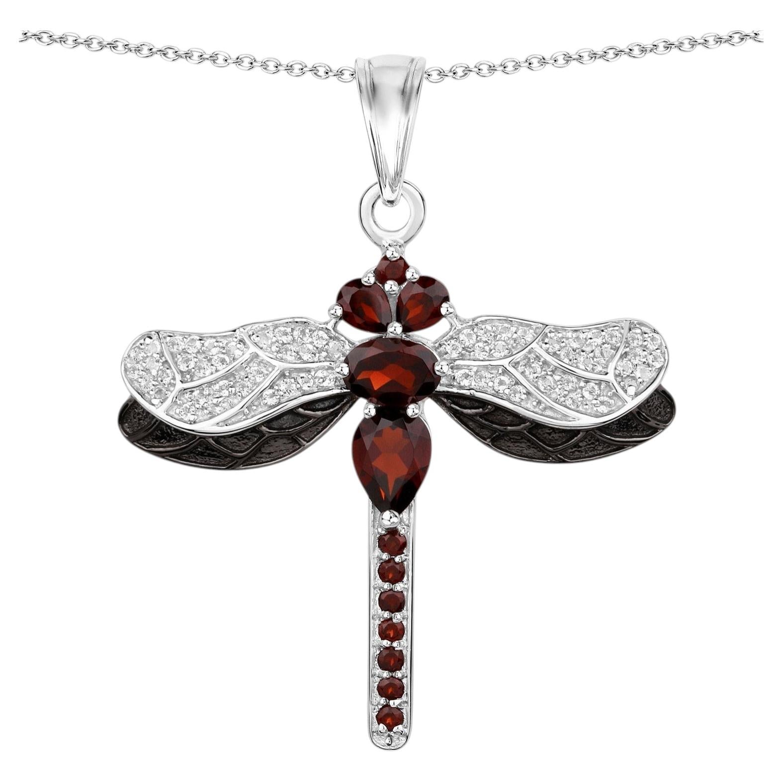 Garnet Dragonfly Pendant With White Topaz 2.2 Carats Sterling Silver