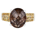 Smoky Quartz Ring With Yellow Diamonds 4.84 Carats Sterling Silver