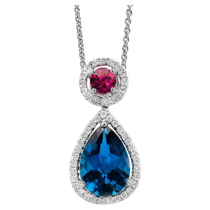 London Blue Topaz Pendant Necklace Rhodolite Diamonds 2.9 Carats 18K White Gold