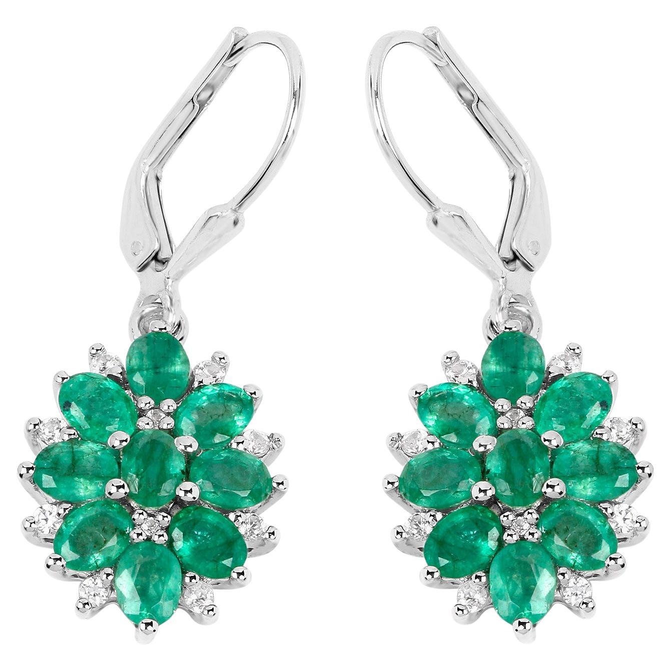 Natural Emerald Earrings With White Zircon 3 Carats Sterling Silver