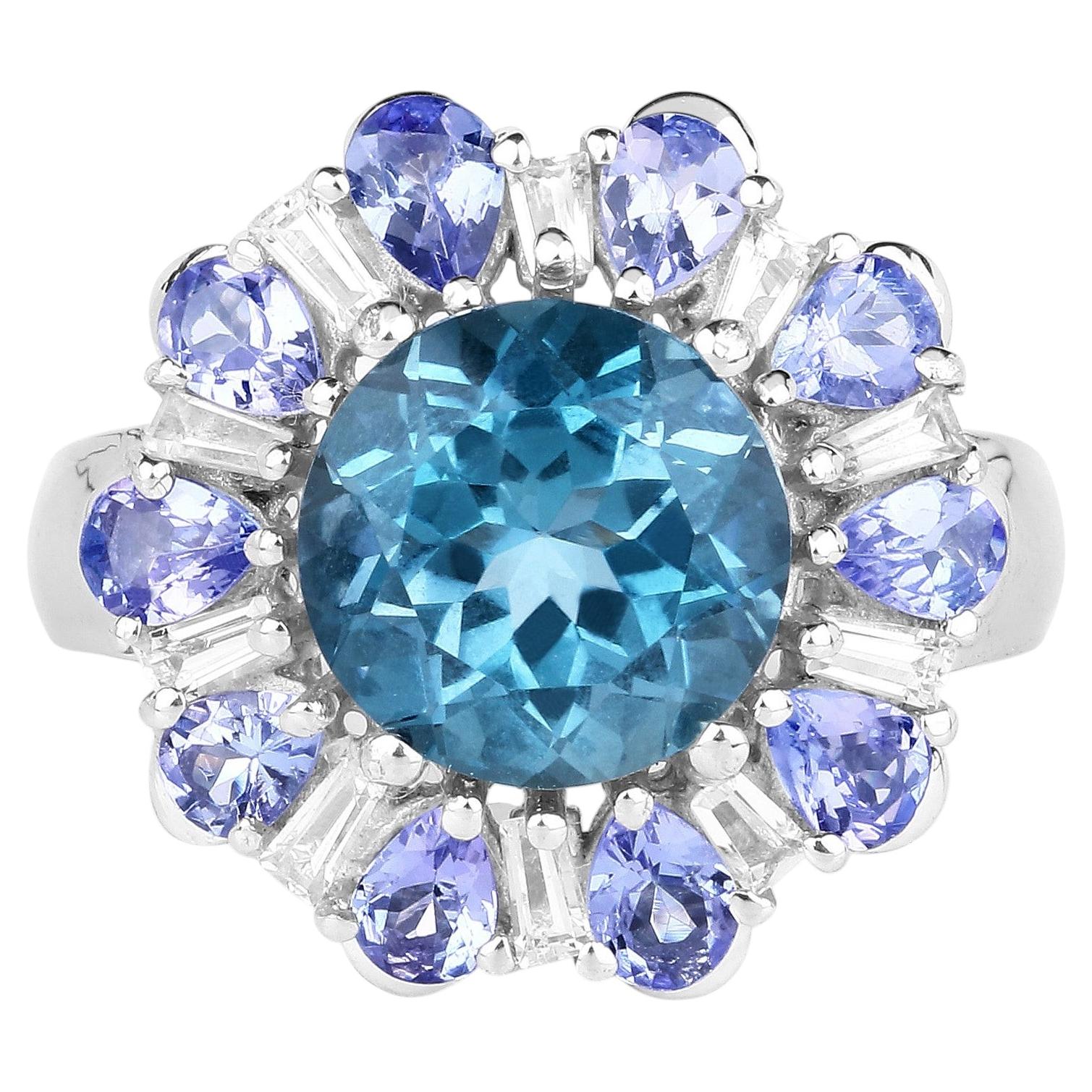 London Blue Topaz Ring With Tanzanite 6.12 Carats Sterling Silver