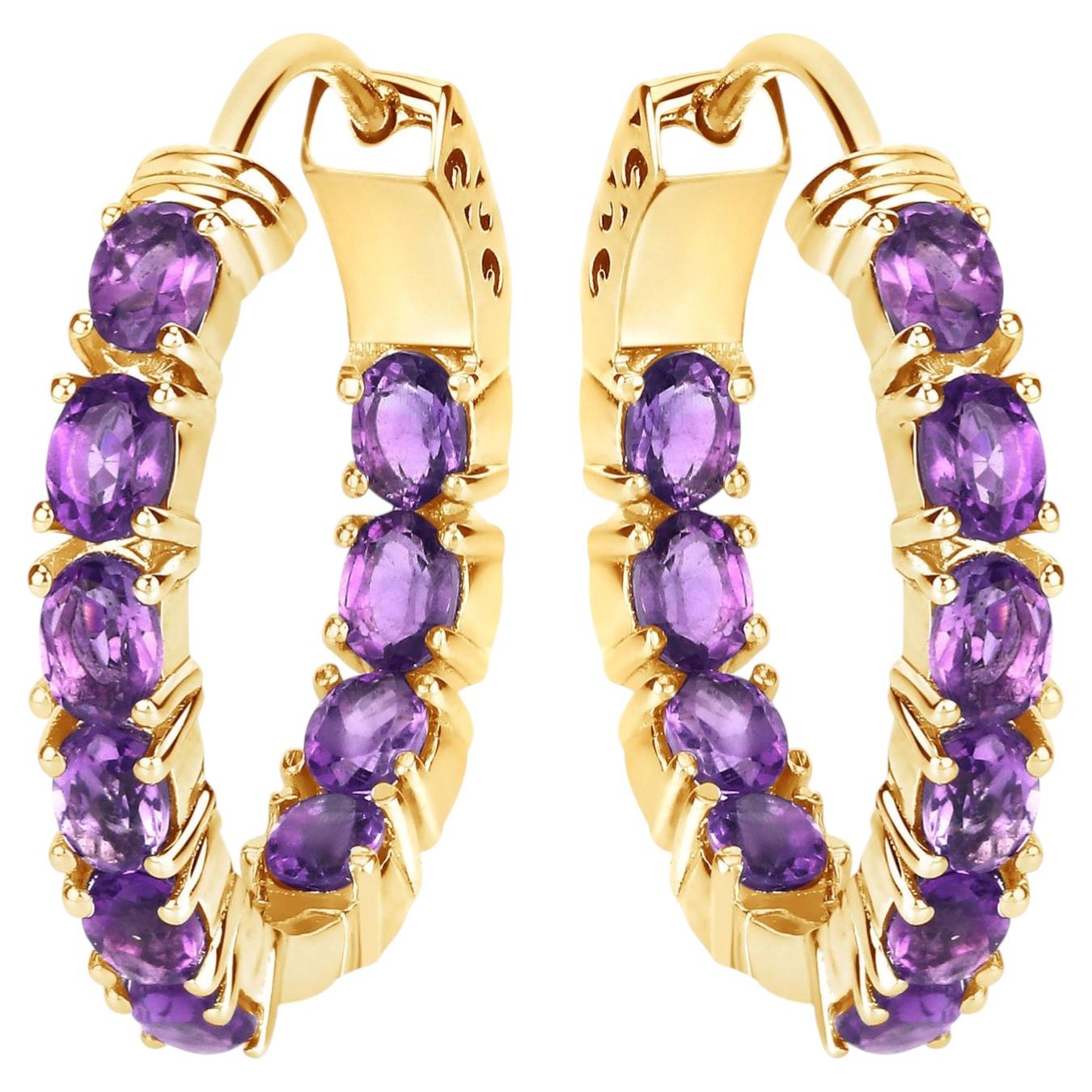 Amethyst Hoop Earrings 3.18 Carats Gold Plated Silver