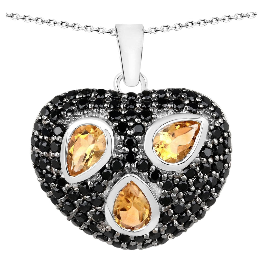 Citrine Heart Pendant With Black Spinel 3.16 Carats Sterling Silver