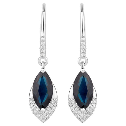 Blue Sapphire Dangle Earrings Diamonds 2.7 Carats 14K White Gold