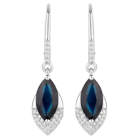 Blue Sapphire Dangle Earrings Diamonds 2.7 Carats 14K White Gold