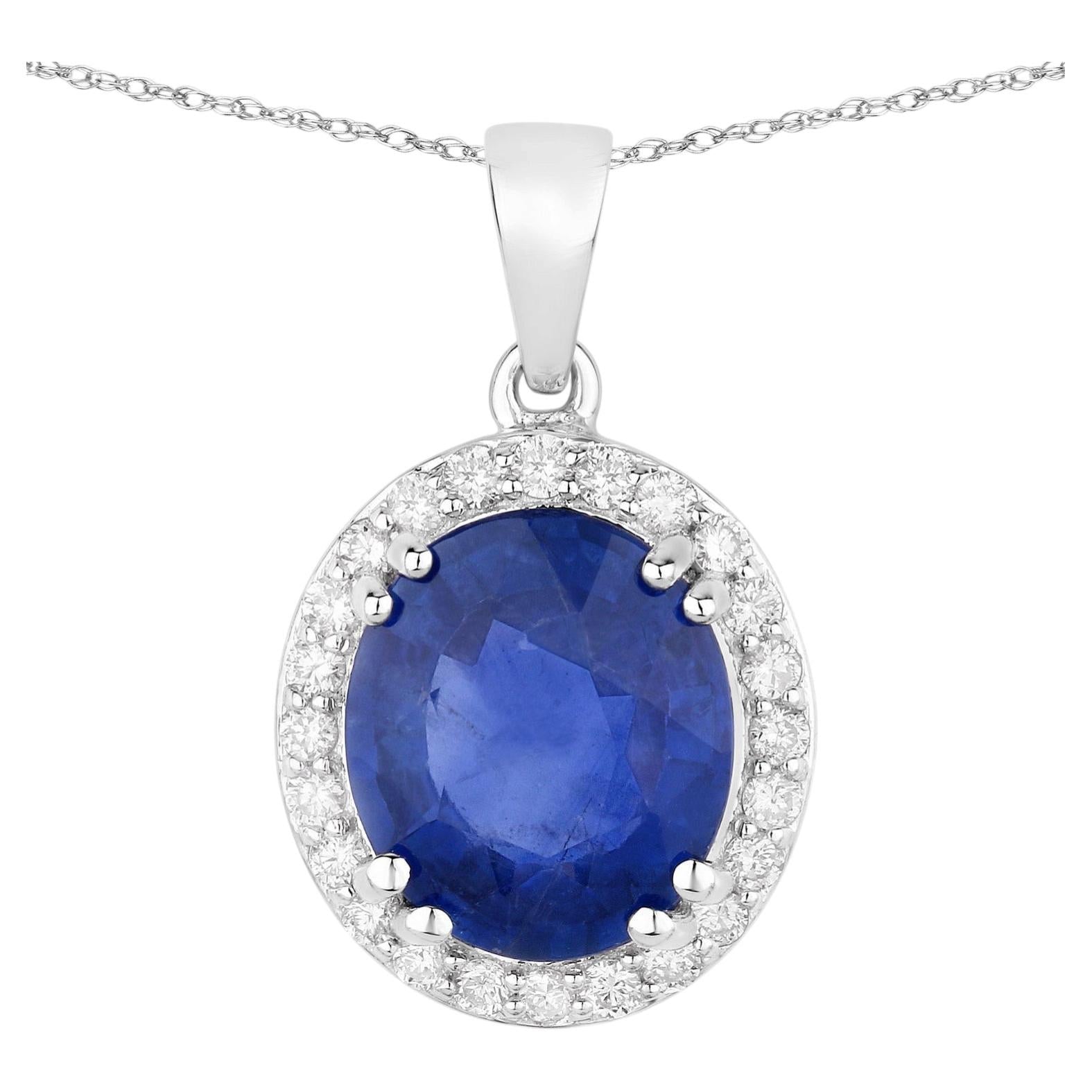 Blue Sapphire Pendant With Diamonds 3.12 Carats 18K White Gold
