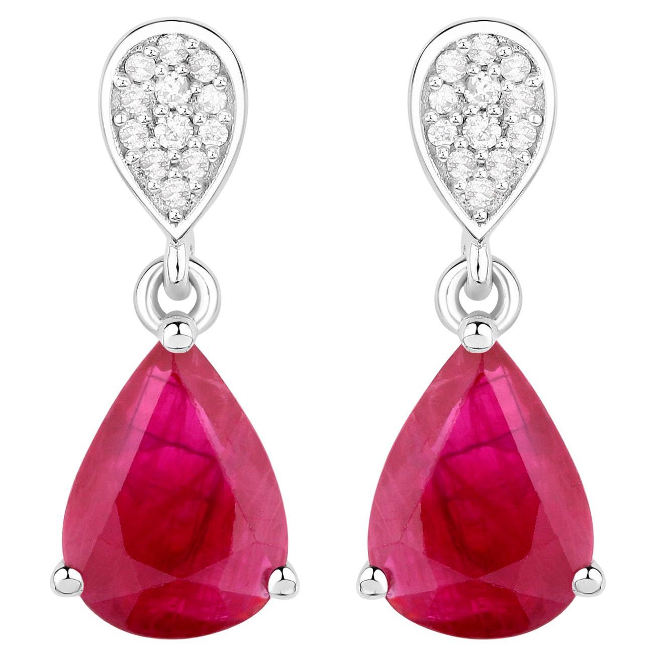 Ruby Teardrop Earrings Diamonds 2.4 Carats 14K White Gold