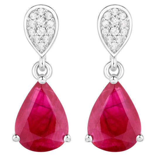 Ruby Teardrop Earrings Diamonds 2.4 Carats 14K White Gold