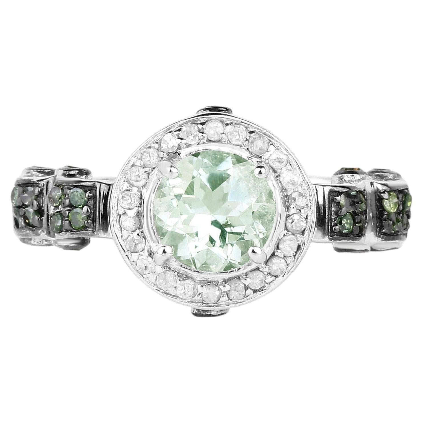 Green Amethyst Ring With Green Diamonds 1 Carats Sterling Silver