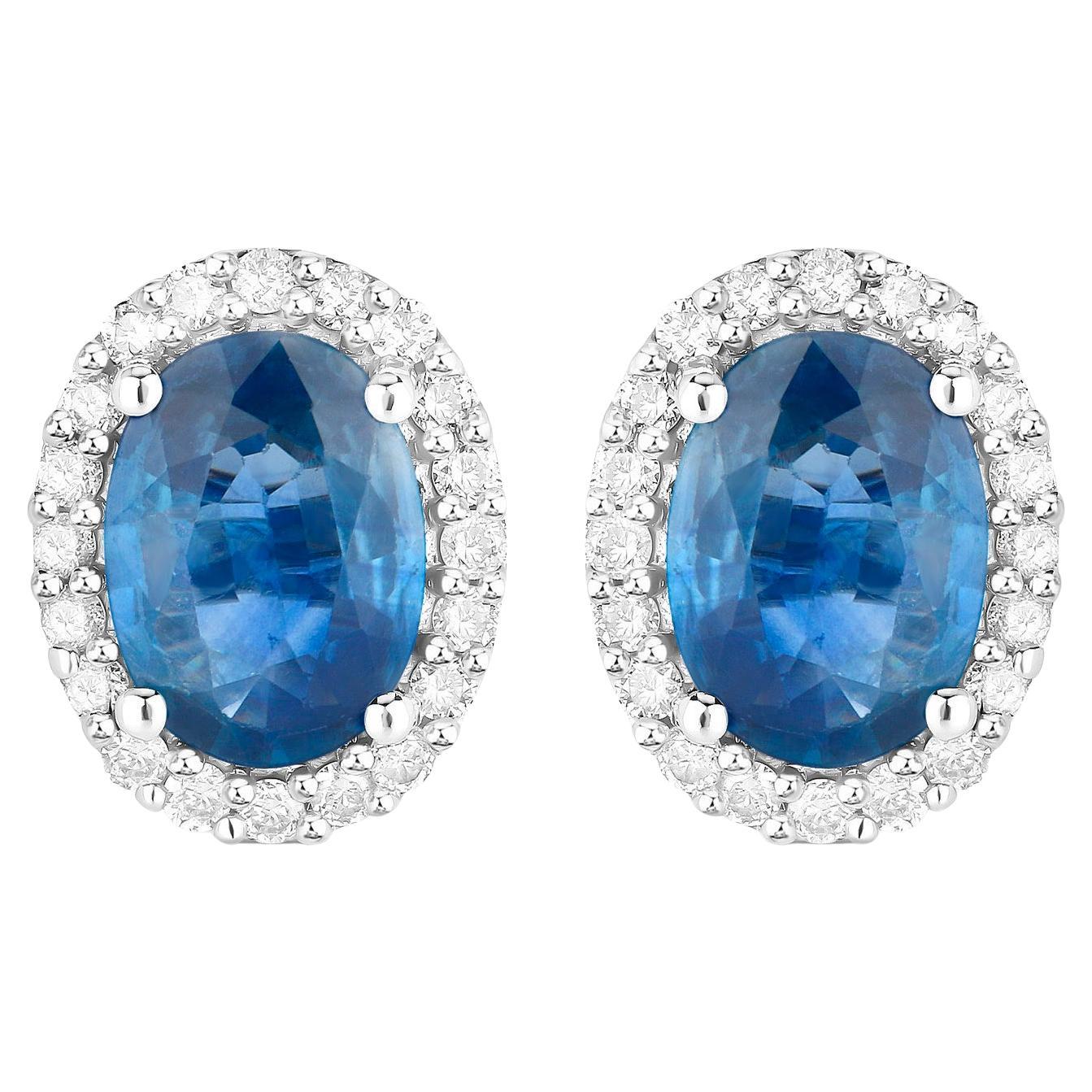 Blue Sapphire Earrings Diamonds 2.15 Carats 14K White Gold