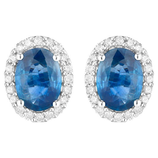 Blue Sapphire Earrings Diamonds 2.15 Carats 14K White Gold
