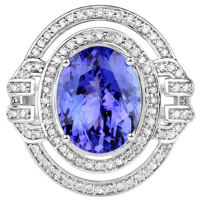 Natural Tanzanite Ring With Diamonds 6.80 Carats 14K White Gold