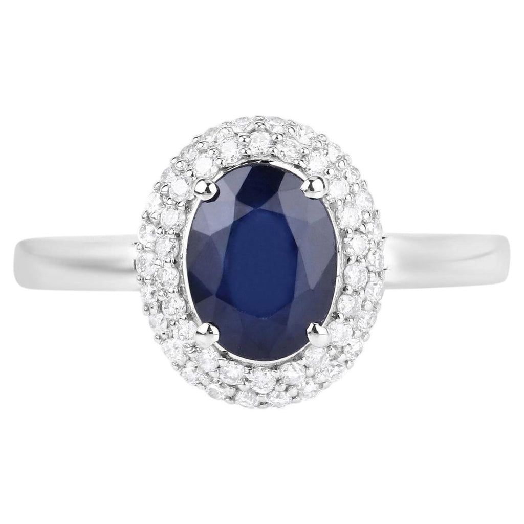 Blue Sapphire Ring With Diamonds 1.82 Carats 14K White Gold