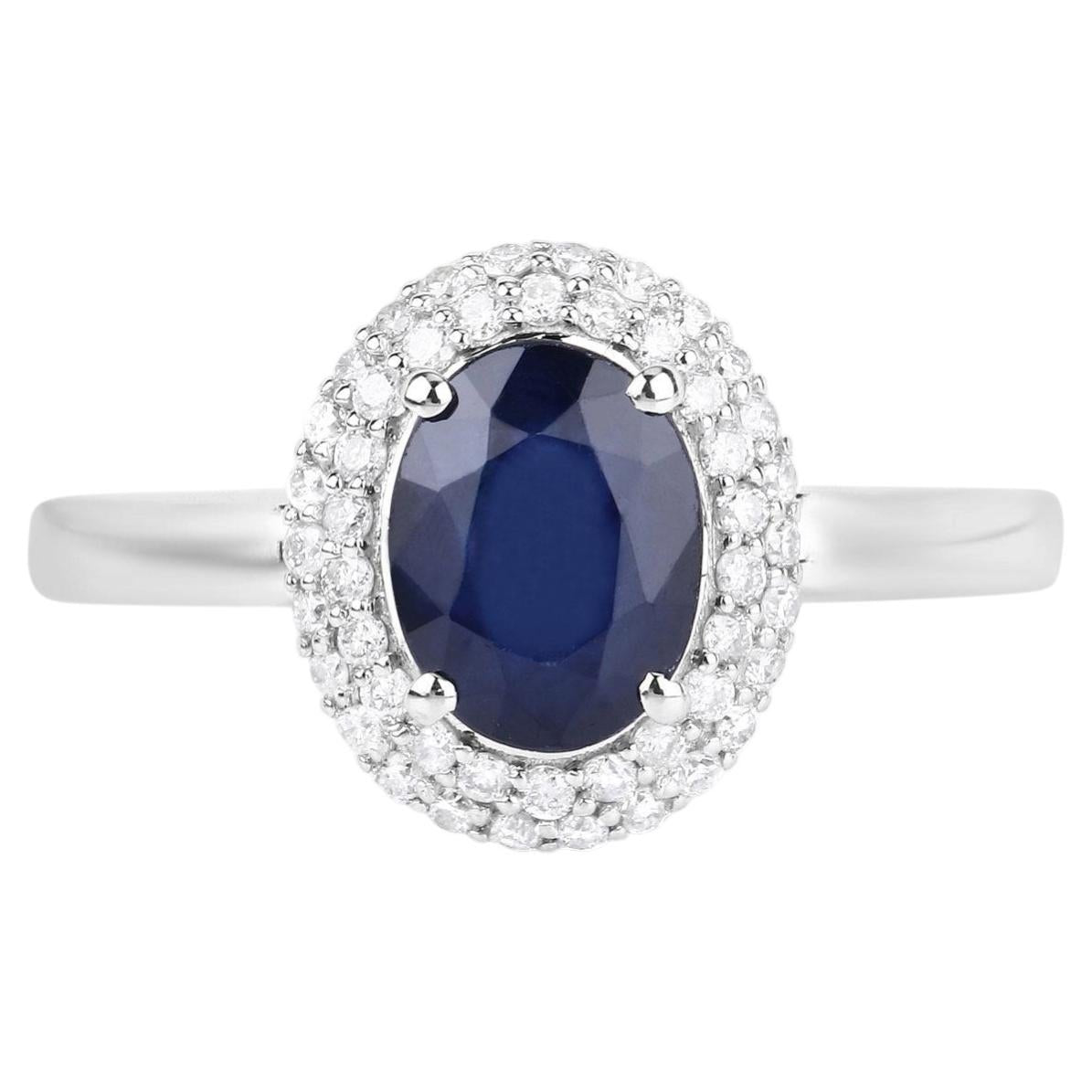 Blue Sapphire Ring With Diamonds 1.82 Carats 14K White Gold