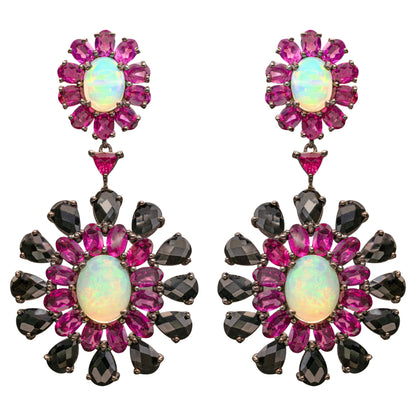 Ethiopian Opal Dangle Earrings Rhodolite and Black Spinel 29 Carats