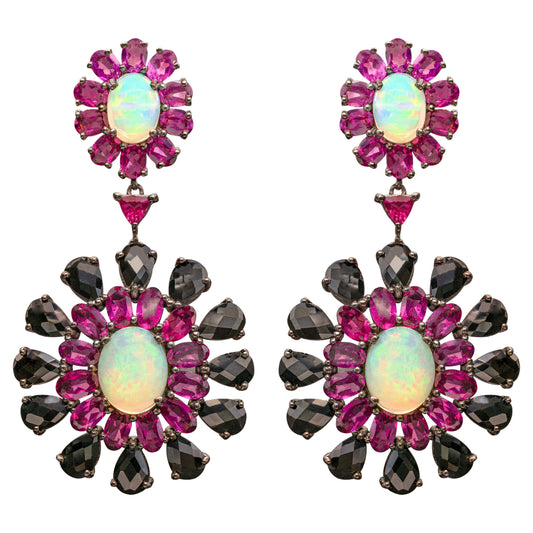 Ethiopian Opal Dangle Earrings Rhodolite and Black Spinel 29 Carats