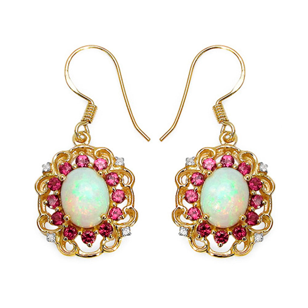 Natural Opal Earrings With Rhodolite Garnet 4.88 Carats Gold Plated Silver