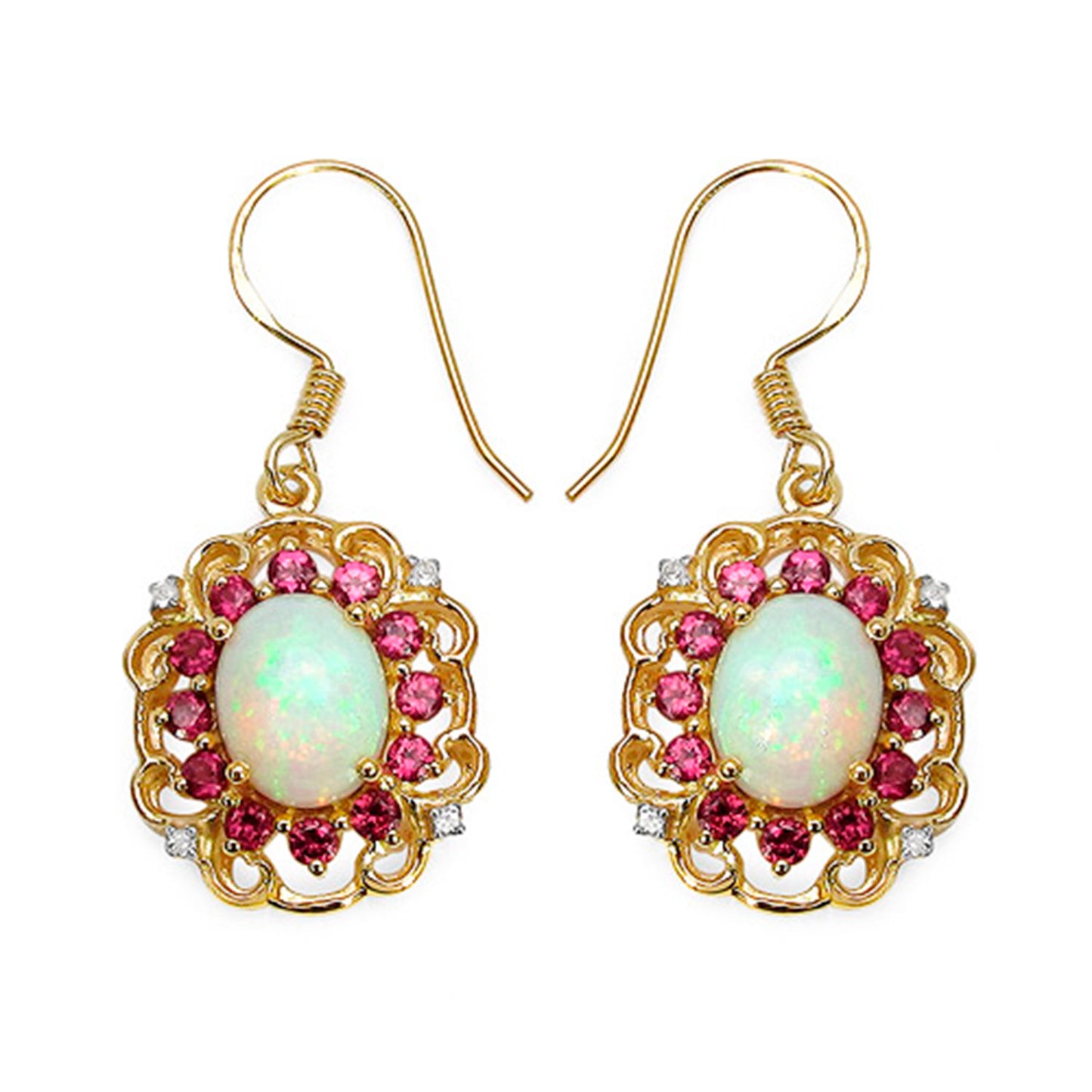 Natural Opal Earrings With Rhodolite Garnet 4.88 Carats Gold Plated Silver