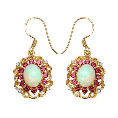 Natural Opal Earrings With Rhodolite Garnet 4.88 Carats Gold Plated Silver