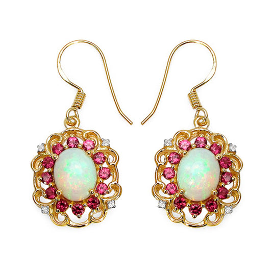 Natural Opal Earrings With Rhodolite Garnet 4.88 Carats Gold Plated Silver