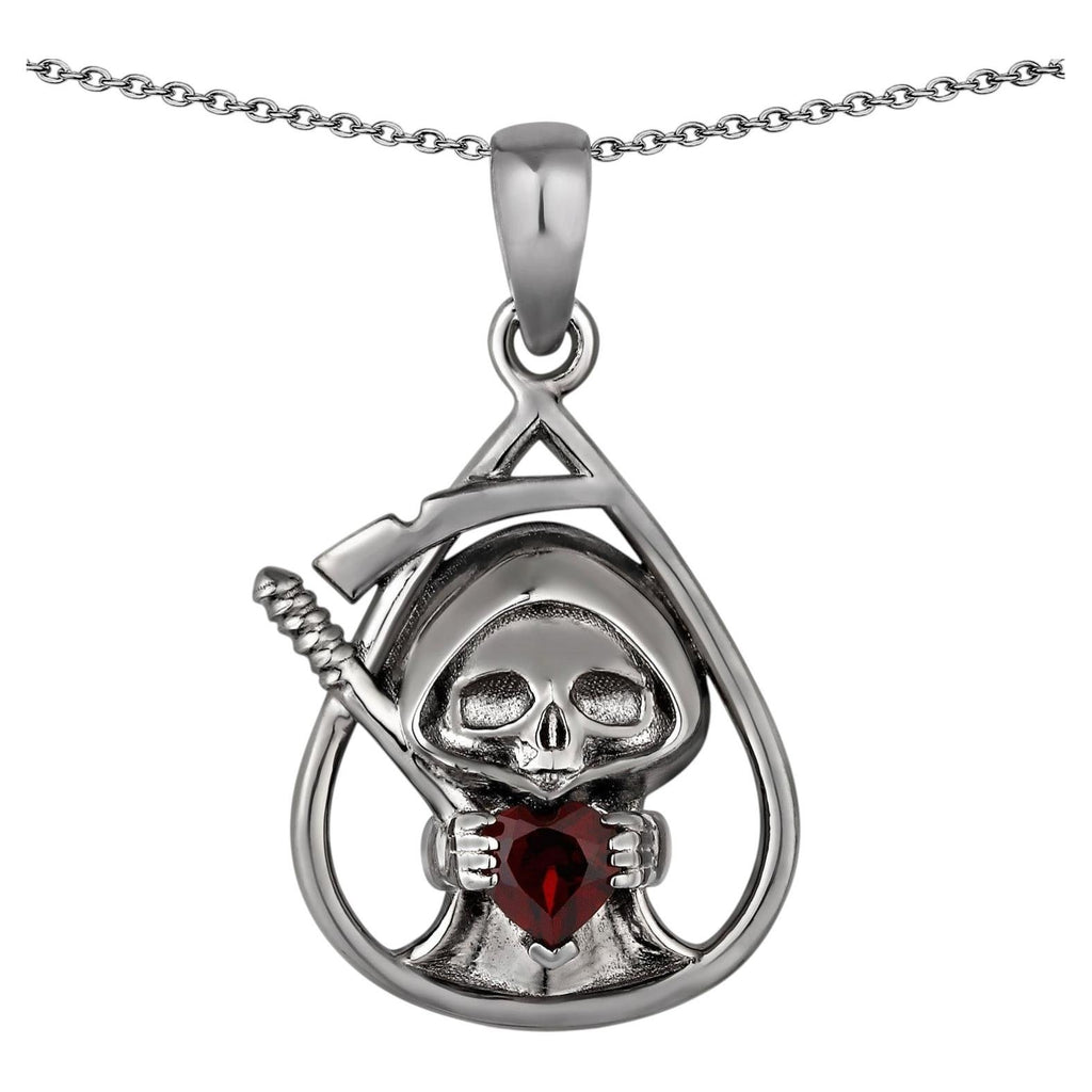 Garnet Reaper Skull Pendant 0.3 Carats Sterling Silver