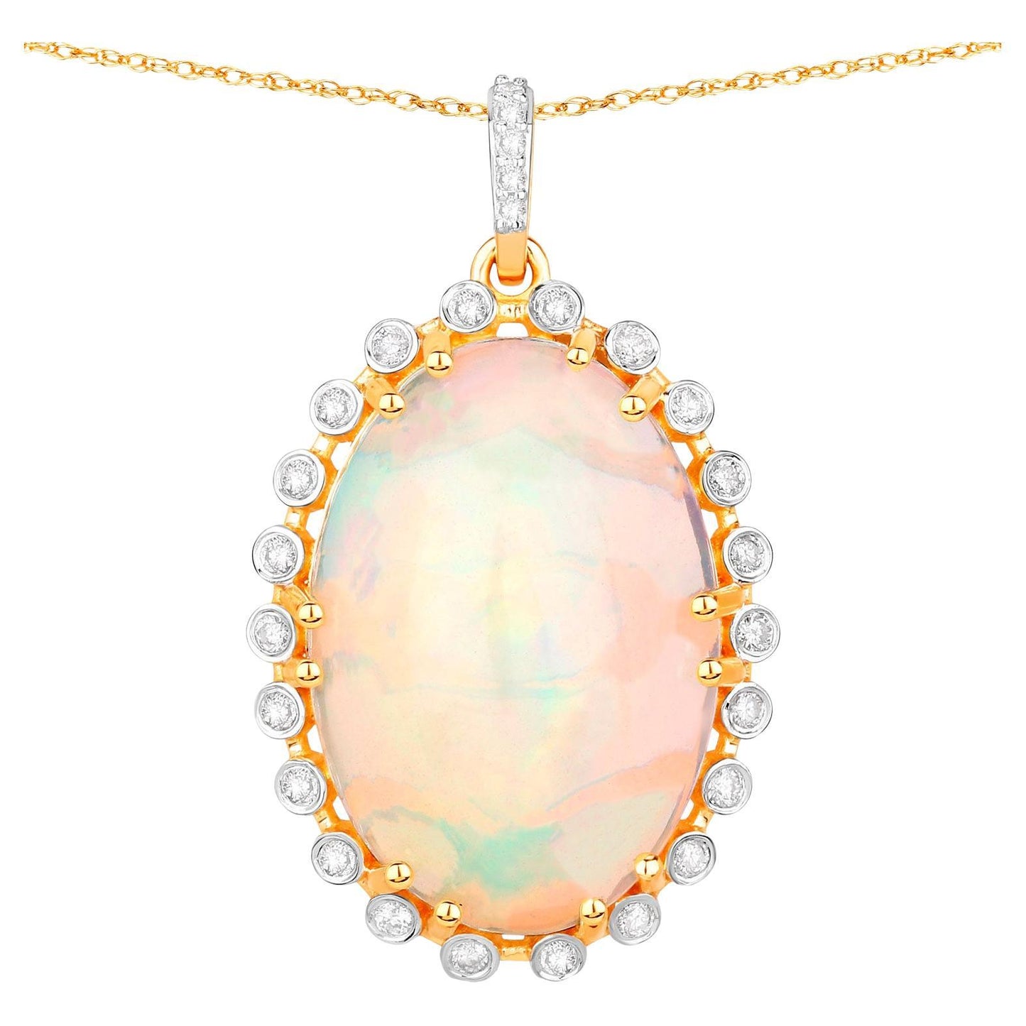 Ethiopian Opal Pendant Necklace Diamond Halo 13.98 Carats 14K Yellow Gold