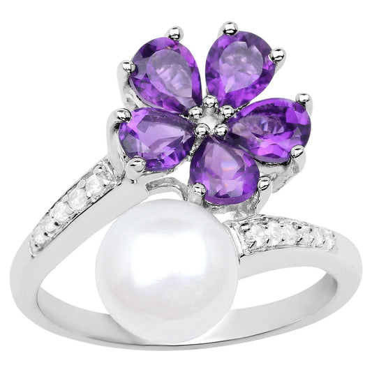 Amethyst and Pearl Bypass Flower Ring With White Zircons