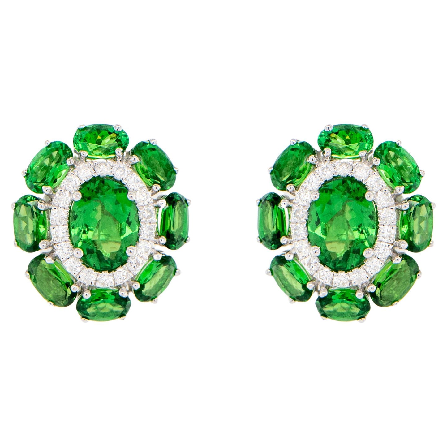 Tsavorite Stud Earrings With Diamonds 7.33 Carats 18K White Gold